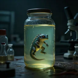 an unknown scaly creature floating in formaldehyde inside a jar, in an abandonded lab, creepy, dark, 8 k, high quality