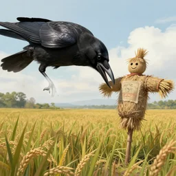 a giant crow pecking a scarecrow on a rice field, wlop, concept art, digital painting, trending on artstation, highly detailed, epic composition, 8 k uhd