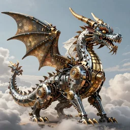 A dragon made of machine parts, steampunk, ultra detailed, 4k, retro future, cloud in the sky, by Greg Rutkowski and Jakub Rozalski, artstation, concept art, artstation