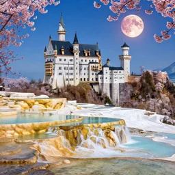 neuschwanstein castle on pamukkale thermal waters flowing down gold travertine terraces during sakura season on a blood moon, by peter mohrbacher, james jean, wlop, greg rutkowski, rule of thirds, beautiful landscape
