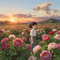 Rendering of a scene meadow full of peony, the time of day is sunset, by Makoto Shinkai and Thomas Kinkade, fantasy matte painting, trending on cgsociety and unreal engine，light effect，highly detailed，super wide angle,