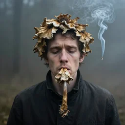 photographic portrait of sad max ernst dried melting flower fungus with spiraling cigarette smoke, in fog