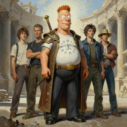 A mixed media portrait painting of Hank Hill, by Frank Frazetta, Greg Rutkowski, Beeple, Yoko Taro, Christian MacNevin, epic fantasy character art, roman numerals, high fantasy, CGsociety, full length, exquisite detail, post-processing, masterpiece, cinematic, coliseum backdrop