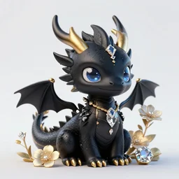 cute little black dragon, flowers, black gold light blue, diamonds, highly detailed, artgerm, cushart krenz, artstation, soft light, sharp focus, illustration, character design, concept art
