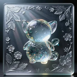 close up portrait of Uwu the shining glass creature, in empty space, embossed panel with leaves and flowers, carefully crafted, refracting light, caustics, light rays beaming through, epic 8k, Zeiss 75mm