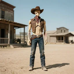 Amazing digital concept art of an anatomical model without skin in a cowboy outfit, standing in a dusty old western town, by James Clyne. Cinematic. 24mm lens, 35mm film, Fujifilm Reala, f8