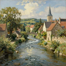 a river running through a medieval village, summer, beautiful colors, classic painting, award winning, highly detailed