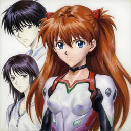 Asuka Langley from Evangelion portrait drawn Yusuke Murata and Takeshi Obata, inspired by Death Note 2003 manga,intricate detail, photorealistic style, intricate detailed oil painting, detailed illustration, oil painting, painterly feeling, sharp high detail, medium shot, low angle, oil on canvas
