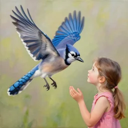 a painting of a bluejay returning to the girl that raised it