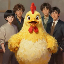 a kaiju chicken mascot character posing for a picture, digital painting, masterpiece by rembrandt and thomas kinkade and frank frazetta and kentaro miura, by reiq and tite kubo, stylized yet realistic faces and anatomy, advanced lighting technology, beautiful, gorgeous brush strokes