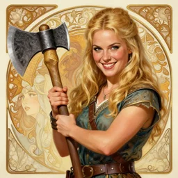 an ultradetailed picture of blonde viking woman holding an axe and smirking, 1 9 8 0 s rom - com, very large battleaxe, intricate, elegant, illustration, digital painting, smiling playfully, 8 k, artstation, fine detail, art by frank frazetta, john collier, albert aublet, frank herbert, artem demura, and alphonse mucha