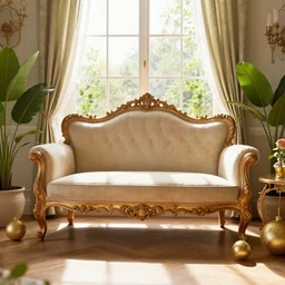 beautiful interior scene, baroque couch table, sunlight coming from the window, plants and roses as accents, gold glittering ornaments, trending on behance and artstation, by raphael lacoste and craig mullins, rule of thirds, 8 k, unreal engine, rendered in maya, detailed, wide - angle lens, two - point perspective, light effect, overall color balance