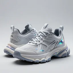 product photography extremely detailed futuristic sports sneakers with a detailed foam sole, with holographic elements, 3 d model, hyperrealism, balenciaga style ultra rendered extreme realism and detail, 8 k, f / 2. 2, canon 8 5 mm, photorealistic, sharp focus,
