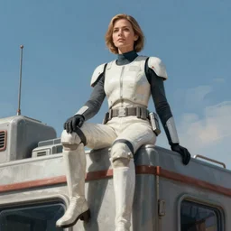 a woman in a star wars outfit sitting on top of a building, a detailed matte painting by annie leibovitz, trending on cg society, photorealism, reimagined by industrial light and magic, uhd image, high resolution