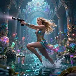 Long Shot of psychodelic Margot Robbie in mysterious astral temple  jumpin with pistol in river of chromatic SPIRITS , beautiful, dmt, trending on artstation, omnious, soft, hypermaximalistic, high details, cinematic, 8k resolution, artwork by Wong, Liam
