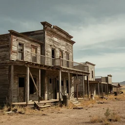 Abandoned Wild West town at high noon, hyperrealistic