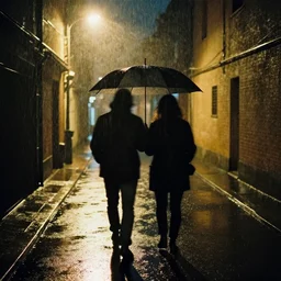 a vivid emotional picture of two shadowy figures under one umbrella at night in an ally, it is raining heavily, street lanterns are shining, they are reflected on the rainy street, 35mm, motion blur