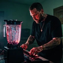 skrillex playing a blender machine, bloody