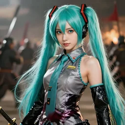 fantasy movie poster of Hatsune Miku as a warrior princess in feudal japan, background: battle scene, clear makeup, clean hair, dry skin, clear skin, airbrushed, bright eye makeup, warrior body, photo by mario testino, 8k octane render, cinematic, hyper detailed, micro details, insanely detailed, trending on artstation, concept art, Peter Paul Rubens and Peter Mohrbacher style
