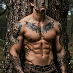 graphic novel tatoos, muscular, sparks, tree bark, photorealistic, hd, trending on artstation