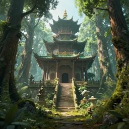 video game forest temple, lots of aesthetic and very beautiful temple. photorealism, trending on art station, hq, 8k resolution,