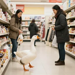 a goose chasing a shop keeper at a department store
