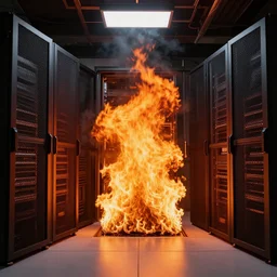 studio photo still of a server room on fire flaming server room flames fire server room on fire!!!!!, 8 k, studio lighting, overhead lighting