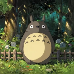 in the style of totoro by ghibli studio, sunny forest lanscape and graveyards, wooden fence