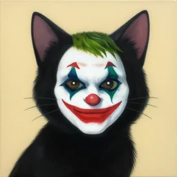 illustration of a black cat with the face of the joker by shusei nagaoka kaws, david rudnick, airbrush on canvas, pastell colors, cell shaded