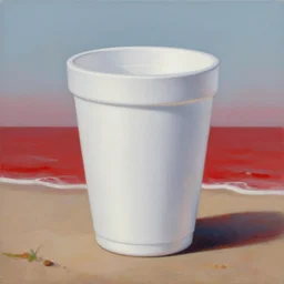 an oil painting of a giant white styrofoam cup on the beach, the beach has red water, surrealism