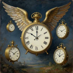surreal surrealism surrealist painting of winged clocks, detailed