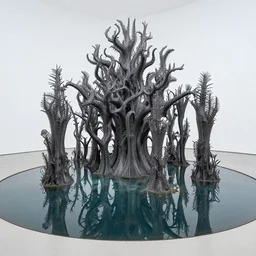 neo tribal abstract exhibition, water, pond, majestic installation, contemporary art, biennale, 3 d printing