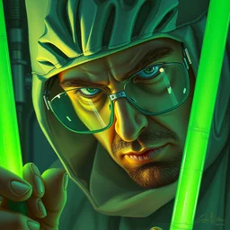 scientist, close up, they look at us, glowing green tubes, insanity, disdain, highly detailed, digital painting, artstation, concept art, smooth, sharp focus, illustration, art by artgerm and greg rutkowski and alphonse mucha
