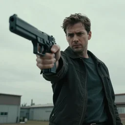 Willis is pointing gun at the camera, ultra low angle, wide lens, cinematic shot