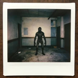 found polaroid photo, flash, interior abandoned hospital, wired mutant creature standing
