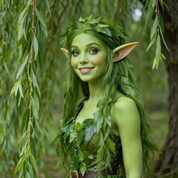 forest elf with green skin, hair is leaves from weeping willow tree, elf smiling, fantasy, realistic