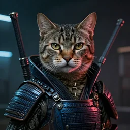 Renovatio portrait cat samurai cyberpunk hyperrealistic