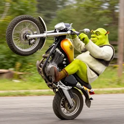 shrek doing motorcycle wheelie