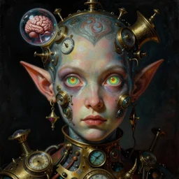 baroque neoclassicist close - up sci - fi portrait of a colorful steampunk clockwork elf with big glowing eyes gazing intensely, a brain in a bubble. dark black ominous background, glowing atmosphere. highly detailed science fiction horror painting by norman rockwell, frank frazetta, and syd mead. rich colors, high contrast, gloomy atmosphere. trending on artstation and behance.