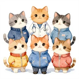 watercolor illustration style, cute! cats!!! in jackets grow up like specialist and became professionals, business, inspiring art