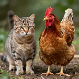 hybrid of a cat and a chicken, wild species photography, natural lighting, award-winning, highly-detailed, 35mm lens