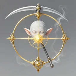 bright elf, Grey smoke, symetrical, scythe, magic ornament, golden ratio, elements, pattal, baroque,  marc simonetti, paul pope, peter mohrbacher, detailed, intricate ink illustration,  Refined, highly detailed, 8k, digital painting, artstation, concept art, matte