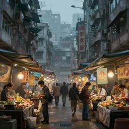 a very intricate matte painting of a street market in hong kong, misty evening, fantasy art, low angle view, telephoto lens 2 0 0 mm, by stanley artgerm lau, greg rutkowski, thomas kinkade, alphonse mucha, loish, norman rockwell, artstation