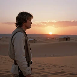 film still Luke skywalker watches tatooine binary sunset from Star Wars a new hope 1977 moisture farm