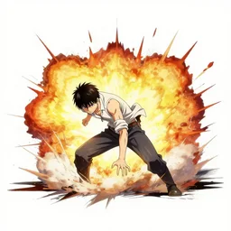 man hitting the ground creating a explosion, anime, album cover