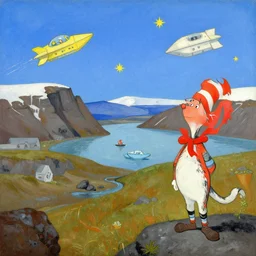 krafla landscape in the style of dr. seuss, starships, painting by raphael lacoste