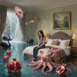 tall emo girl in her bedroom, pigs, pomegranates, octopus, flooded, floating sculptures, luxury apartment bedroom, art on the walls, fish, zen, waterfall, black swans, canoe, berries, surrealist, digital painting by magritte and monet