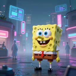 busy neon cyberpunk city at night with fog, neon signs, corporate holograms, extreme long shot. Spongebob Squarepants in Toy Story 2, at the hospital in patient gown, scrubs, syringes, Intravenous Cannulation Periprocedural Care, marijuana greenery, trending on cgsociety and unreal engine, light effect, highly detailed, super wide angle, full f/22, award winning photo, hyperrealistic, smooth textures
