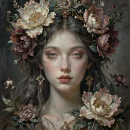 portrait of a floral goddess, enigmatic beauty, esoteric, muted colors, head in focus, high fantasy art, otnamental floral aesthetics, intricate details, elegant, highly detailed, hyperrealistic painting, artstation, concept art, painterly, sharp focus, illustration, art by hans jokem bakker