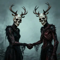 two creatures with deerk skull heads shaking hands and looking at the camera, horror, nightmare, terrifying, surreal, nightmare fuel,